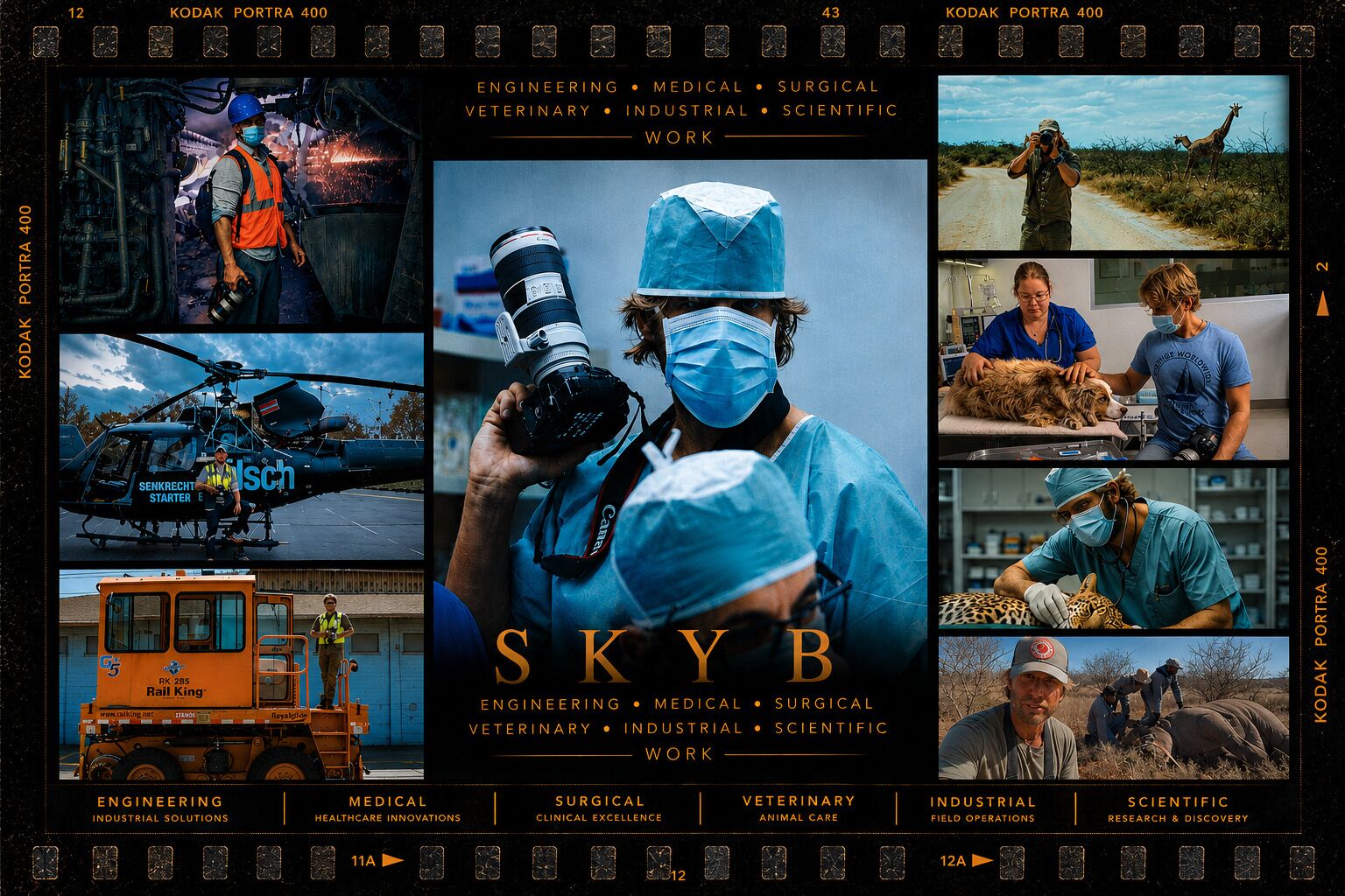 Sky B commercial, medical, veterinary, engineering and industrial photojournalism montage